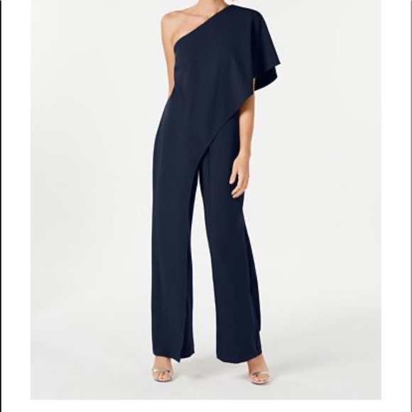 Adrianna Papell Pants - Adrianna Papell Navy Flutter One Shoulder Jumpsuit
